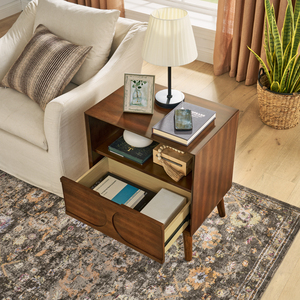Mid Century Modern Fluted Nightstand With Charging Station USB Ports Outlet Hole 4 Solid Wood Legs Farmhouse <b>End</b> <b>Table</b> - Product Image 5