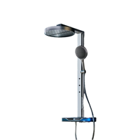 Ensemble de douche cascade gris anthracite à quatre modes avec mitigeur eau chaude et froide en laiton et plateau de rangement pour salle de bain