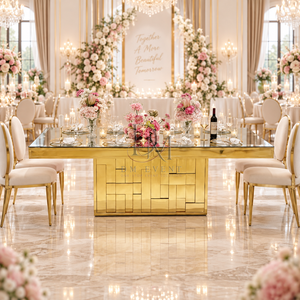Luxury Gold Stainless Steel Dining Table <b>Mirror</b> Glass Top <b>Mosaic</b> Pedestal Base Hotel Wedding Event Wholesale Supplier - Product Image 2