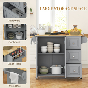 Îlot de cuisine <span class=keywords><strong>sur</strong></span> roulettes, chariot de cuisine avec plateau rabattable, tiroirs, gris - Product Image 5