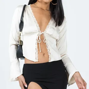 Summer Fashion Trending Women Sexy V Neck Cardigan Long Sleeves Crop Tops