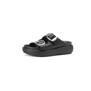 Sandalias de Moda con Diseño Nuevo, Estilo Slip-On, Parte Superior de Cuero Genuino, Suelas Gruesas Impermeables, Doble Hebilla, Cómodas para Mujer - Product Image 1