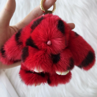 Porte-clés Lapin Rose Léopard de Pâques en Véritable Fourrure de Lapin, Peluche Douce et Mignonne, Pompon Moelleux, 10 cm