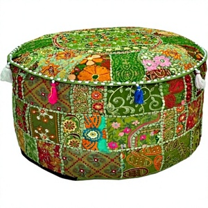 Traditional Rajasthani Patchwork Cotton Retractable <b>Bamboo</b> Rattan Handicraft Scenic Pattern Foot <b>Stool</b> Cover Festive Pouf - Product Image 4