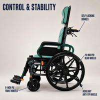 Fauteuil roulant zéro gravité en aluminium avec repose-jambes amovibles et relevables, accoudoirs rabattables, roues amortissantes