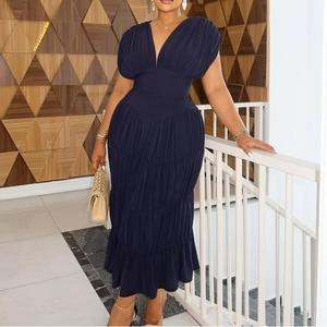 Robe Midi Femme Tendance à Col en V, Manches Bouffantes, Coupe Moulante et Volants – Grande Vente - Product Image 1