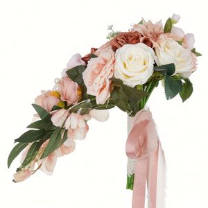 Ramo de Novia Bohemio Francés de Alta Gama con Cascada Artificial para Fotografía de Bodas, Rosa Artificial - Product Image 1