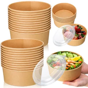 Custom Kraft Paper Bowl Disposable Take Away Round Salad Bowl Custom Printed Pla Paper Salad Kraft Paper Bowl With Pet Lid