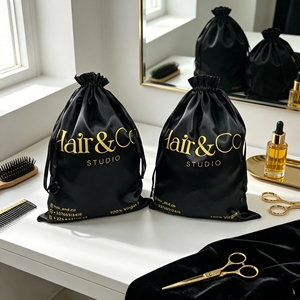 Pochettes en satin noir avec logo personnalisé, impression dorée, sacs en satin de soie pour perruques, extensions de cheveux, emballage pour salon de beauté, sacs cadeaux - Product Image 1