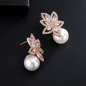 RAKOL EP185 New Fashion Flower Cubic Zirconia CZ Pearl Stud Earrings <b>for</b> Bridal Jewelry - Product Image 3