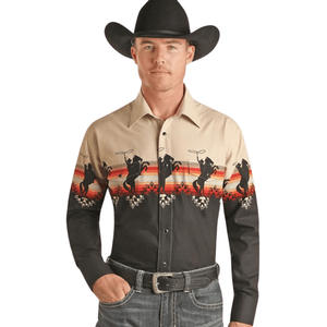 Camicia da uomo 2025 stile occidentale Vintage a maniche lunghe da Cowboy <span class=keywords><strong>Plus</strong></span> <span class=keywords><strong>Size</strong></span> XL Stand monopetto Casual estate autunno collezione - Product Image 2