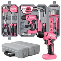 Ensemble de tournevis électrique rechargeable Hi-Spec 8V, étui rigide, acier au chrome-vanadium, léger, usage domestique, perceuse pistolet rose