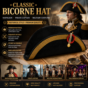 Cappello Bicorno Napoleonico all'Ingrosso, Cappello <span class=keywords><strong>da</strong></span> <span class=keywords><strong>Pirata</strong></span> Vintage, Accessorio <span class=keywords><strong>per</strong></span> <span class=keywords><strong>Costume</strong></span> Militare <span class=keywords><strong>per</strong></span> Halloween e Cosplay - Product Image 1