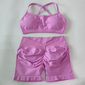 2-teiliges Set Damenkleidung Einfarbig Atmungsaktiv Nahtlos Geraffte Yoga-Shorts Rückenfreier Sport-BH Fitness Workout Top Gym-Outfit - Product Image 6