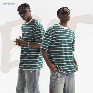 Verano Retro lavado al por mayor logotipo personalizado o-cuello camiseta en blanco Color empalme hombres camiseta a rayas - Product Image 1