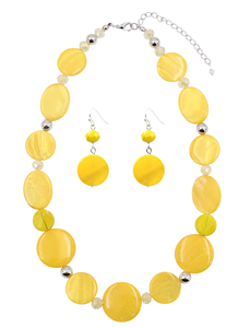 Vintage Yellow Resin Beaded Necklace with Matching Earrings Fashion Jewelry Set for Women Party Wear Silver Plated Accents - Product Image 1