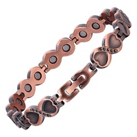 Pulsera de Cadena y Eslabones de Cobre Puro con Terapia Magnética Clásica para Mujer, Diseño Gauss con Imán Completo, Incrustaciones de Piedras Preciosas en Forma de Corazón, Joyería de Moda