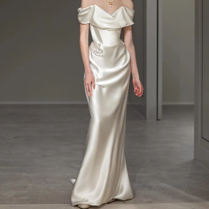 Abito da sera Alice di alta gamma in raso bianco antistatico, taglie forti, lungo fino al pavimento, con spalle scoperte, per feste e banchetti - Product Image 1