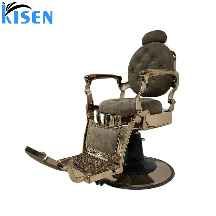 Wholesale top rating vintage reclining barber chairs antique durable brown gold base hair barbershop salon furniture for men use