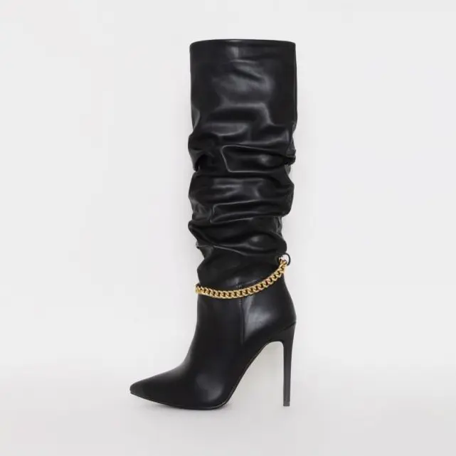 fashion trend newest leather pointed toe high heel boots with chains womens shoes