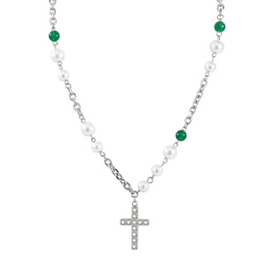 Collier pendentif croix Yunnique en acier inoxydable avec perle et agate verte sertie pavé, bijoux décontractés - Product Image 5