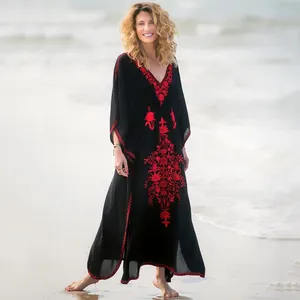 Robe de plage brodée noire, longue tunique à la mode, Kaftan, couvre-chef, offre spéciale