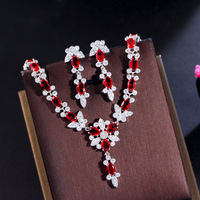 Elegante Rote Kristall Brautschmuck-Sets CZ Ovaler Schliff Rubin Kubisches Zirkon Stein Party Hochzeit Blumen Halskette Ohrringe für Damen