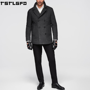 Cut And Sew Wool Blend <b>Pea</b> <b>Coat</b> <b>Men</b> Charcoal Grey Double Breasted Notched Lapel Windbreaker Streetwear Manufacturers Bulk - Product Image 1