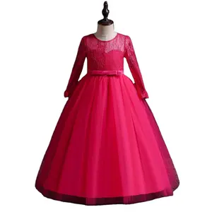 Vestido de princesa para niños con temperamento para niños, vestido de boda elegante para niña, vestido de noche de encaje rojo de manga larga para niña de 12 años