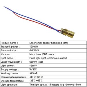 Aismartlink <span class=keywords><strong>3V</strong></span> 650nm 5mW Red Dot <span class=keywords><strong>Diode</strong></span> Tube laser à semi-conducteur en cuivre avec fils Forme de la tête Diamètre extérieur 6mm - Product Image 2