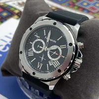 Montre-bracelet à quartz chronographe pour homme, boîtier en acier inoxydable argenté, bracelet en caoutchouc noir, aiguilles simples, date, sport, verre saphir