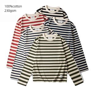 T-shirt à col rond rayé rétro en jersey 100% coton pour homme, 230g, poids lourd, écologique, rayures bretonnes, manches courtes, streetwear - Product Image 1