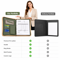 Porte-documents A4 en cuir avec fermeture éclair, poignée, classeur à anneaux, calculatrice, sac de rangement pour documents professionnels en PU ciré de qualité supérieure, avec logo personnalisé
