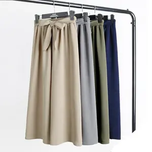 Y308038 Loose Wide Leg Pants Elastic Waist Tie Bow Slacks Wide Leg Pants calf-length pants