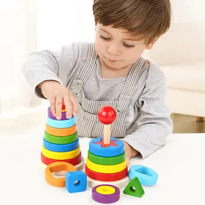 RTS Children Solid Wooden Shape Sorting Educational Puzzle Rainbow Tower Toy