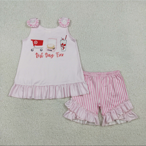 Conjunto de ropa corta con volantes y túnica con rayas rosas para niñas hermanas, modelo Best Day Ever - Product Image 4