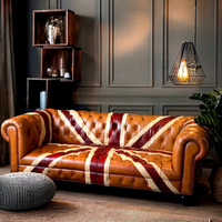 Canapé Chesterfield américain de style vintage, dossier capitonné, cuir véritable, design traditionnel avec drapeau anglais, pour salon, hôtel