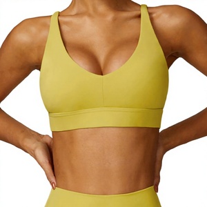 Women <b>Racerback</b> Sports <b>Bra</b> Deep V-Neck Medium Support Yoga Activewear Solid Color Spandex Polyester Top Fitness <b>Bra</b> - Product Image 3