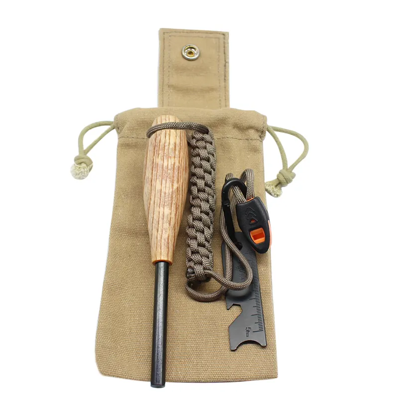 Bolsa de lona encerada incluida, picadora de fuego, Fatwood mango de madera, varilla de Ferro de acero de pedernal para BushCraft Campfire