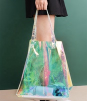 Sac fourre-tout réutilisable en PVC holographique avec longue poignée, design laser transparent pour femmes, shopping, voyage et cadeau