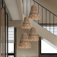 JYLIGHTING Suspension moderne en macramé de bambou et cuivre de style Wabi-Sabi bohème avec abat-jour en rotin, lampe en osier tressé pour chambre à coucher