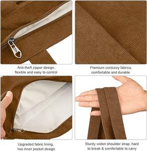 Bolso Tote de Pana Marrón de Gran Capacidad para Mujer con Cremallera y Bolsillo Interior, Ideal para Compras, Trabajo y Camping - Product Image 3