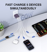 Chargeur mural multifonctionnel pour téléphone portable HNT GaN 60W violet certifié FCC PSE US/JP, 5 ports USB-C, charge très rapide