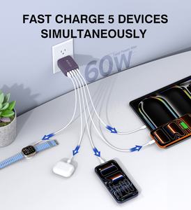 Chargeur mural multifonctionnel pour téléphone portable HNT GaN 60W violet certifié FCC PSE US/JP, 5 ports USB-C, charge très rapide - Product Image 2