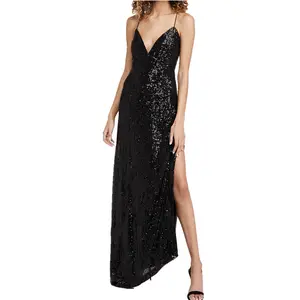 Vestido de noche largo Formal con lentejuelas, elegante vestido negro personalizado con escote en V dividido de lujo sexy sin espalda 2021