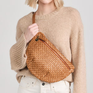 Women's Custom <b>Jumbo</b> Outdoor Waist <b>Bag</b> Brown Vegan Leather with Woven Pattern Zipper Closure Elegant Crossbody Belt <b>Bag</b> - Product Image 1