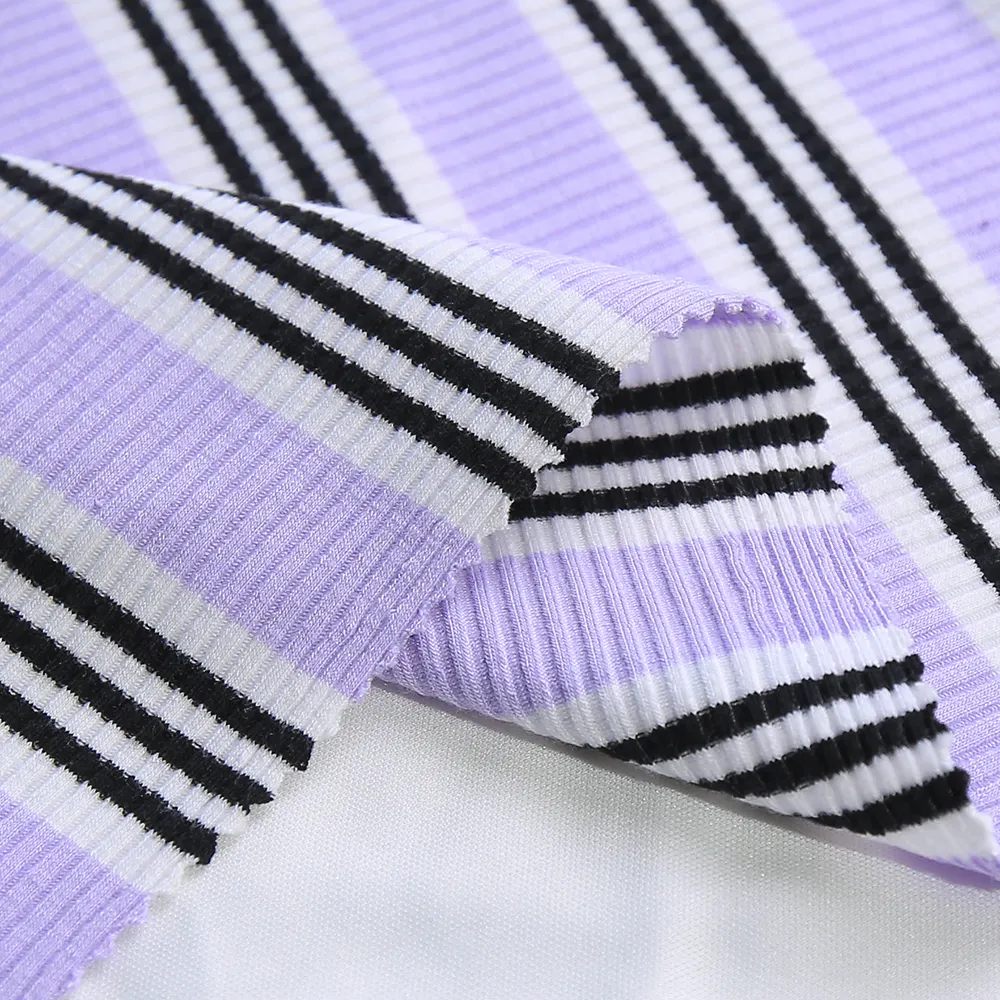 Tecido de malha com agulha única para camisetas e roupas, tecido de malha com listras elásticas e poliéster tingido com listras de rayon