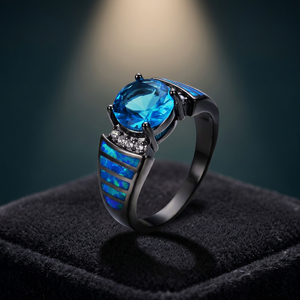 Bague de Fiançailles et de Mariage en Argent Sterling 925 Plaqué Rhodium Noir avec Opale Bleue, Cadeau pour Homme, Anniversaire, Fête, Cœur - Product Image 3