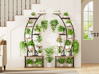 Support à plantes créatif en demi-lune à 8 niveaux avec éclairage LED, étagère en bois à structure métallique, support à fleurs autoportant pour intérieur, balcon