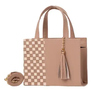 Sac messager pour femme Fana, motif à carreaux, décor à pompons, 20x14x6cm, organiseur de cosmétiques, cuir microfibre - Product Image 3